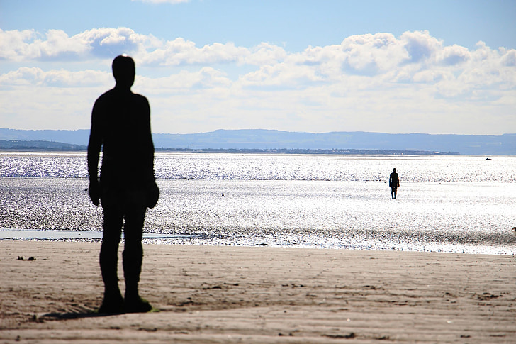 statuen, Crosby beach, stranden, sjøen, Crosby, sand, Gormley