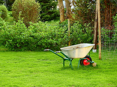 garden, rush, grass, green, gardener, nature, wheelbarrow