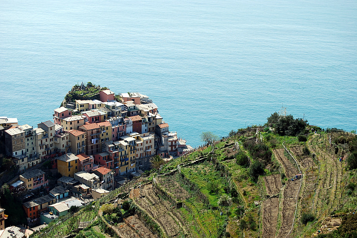 Cinque terre, Liguria, Domy, morze, góry, zielony, niebo