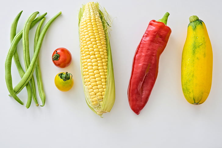 pupelės, kukurūzų, šviežios, sveikas maisto gaminimas, ekologiškų maisto produktų, pipirai, pomidorai