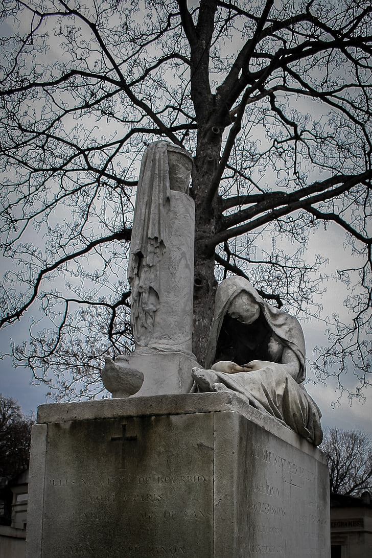 kyrkogården, Pere-lachaise, död, Paris, staty, monumentet, grå dag