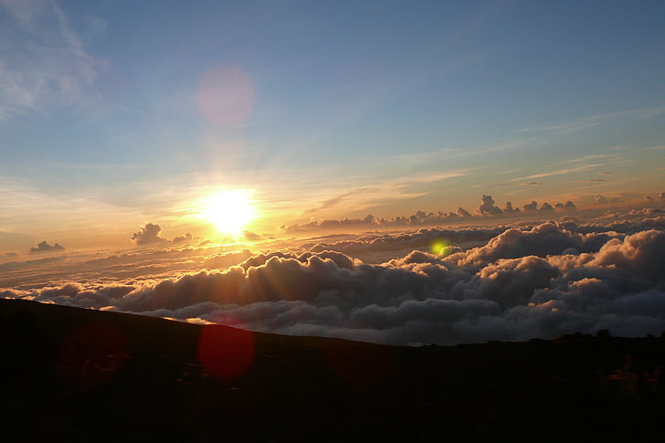 Havaj, Haleakala, Západ slunce, slunce, záře, mraky, Příroda