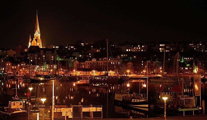 hamn, Flensburg, bokade, fjorden, natt, Citylights, vatten
