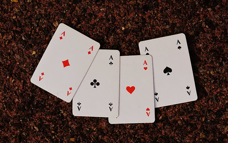 playing cards, aces, four, card game, gambling, heart, diamonds