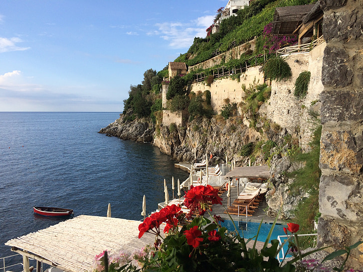 Amalfi, Olaszország, tengerpart, táj, szikla, Shore, falu