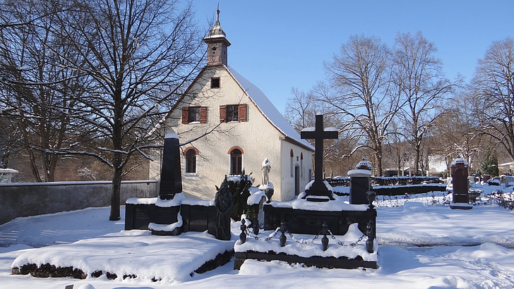 kyrkogården, gravar, itzelberg, snö, vinter, kyrkan, arkitektur