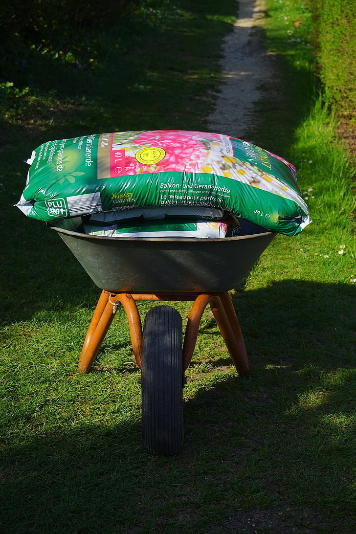 wheelbarrow, garden, gardening, potting soil, earth, bag, last