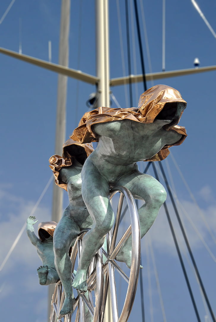 Saint-Tropez, statue, Anna chromy, cykel, port, Bronze, sejlbåd