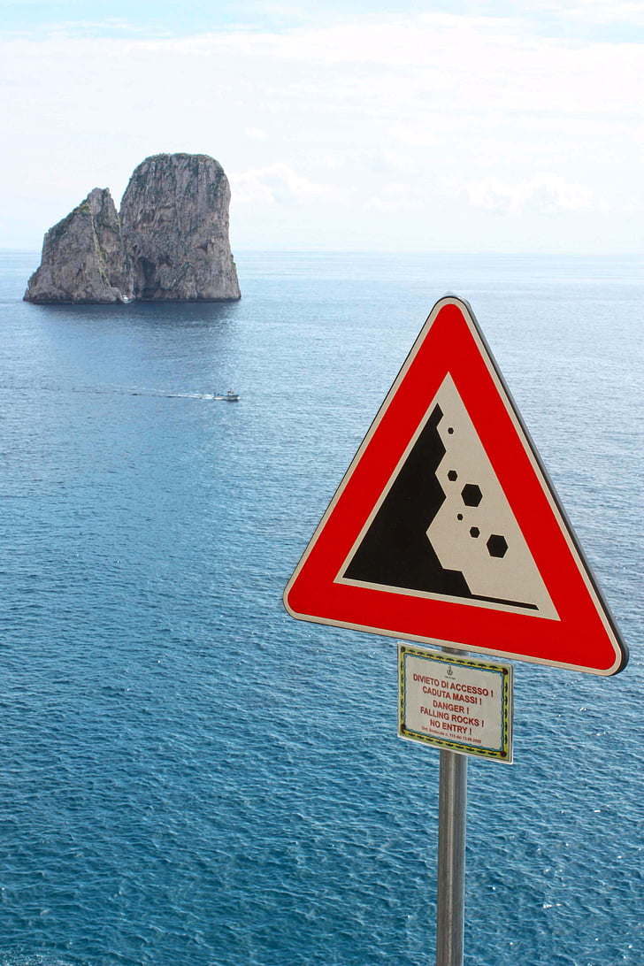 mer, Capri, Faraglioni, Italie, panneaux de signalisation, chutes de pierres
