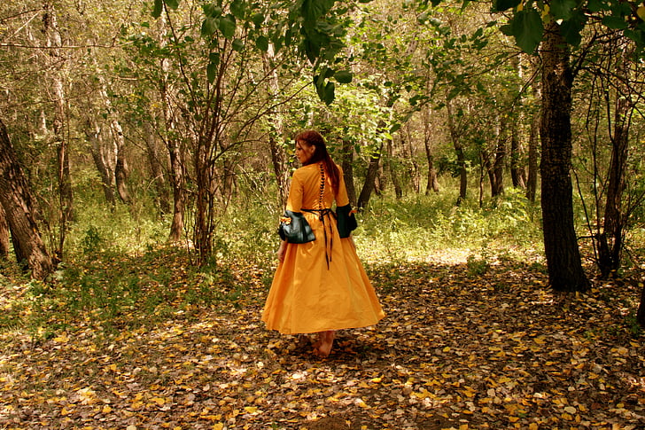 menina, Princesa, amarelo, Outono, folhas, vestido, floresta