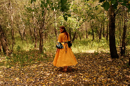 jeune fille, princesse, jaune, automne, feuilles, robe, Forest