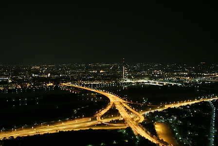 Wenen, skyline, donauturm, toren, brug, nacht, verlichting