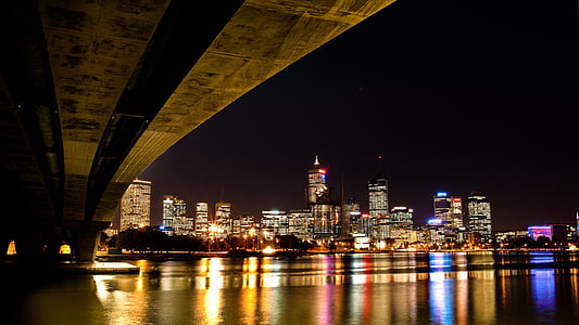 Jembatan, Kota, Sungai, malam, lampu, perkotaan, refleksi