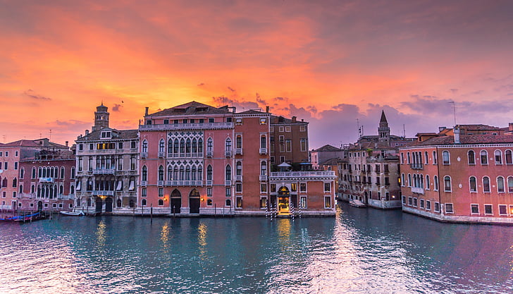 Wenecja, Włochy, zachód słońca, Grand canal, Architektura, Natura, sceniczny