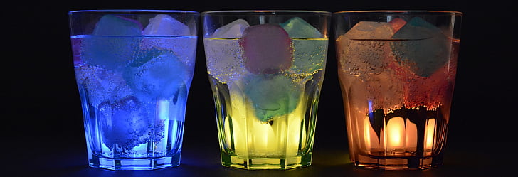 occhiali, cubetti di ghiaccio, illuminato, bere, rinfresco, cocktail, estate