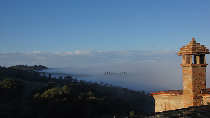 névoa da manhã, Toscana, Outono, Itália, natureza
