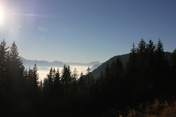 kalnai, Saulė, Poilsio, debesys, rūkas, Šveicarija, yberegg