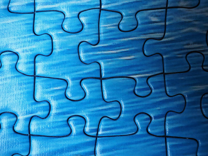 peças do puzzle, quebra-cabeça, malha, paciência, cartões de memória, cobertos com, passatempo, azul