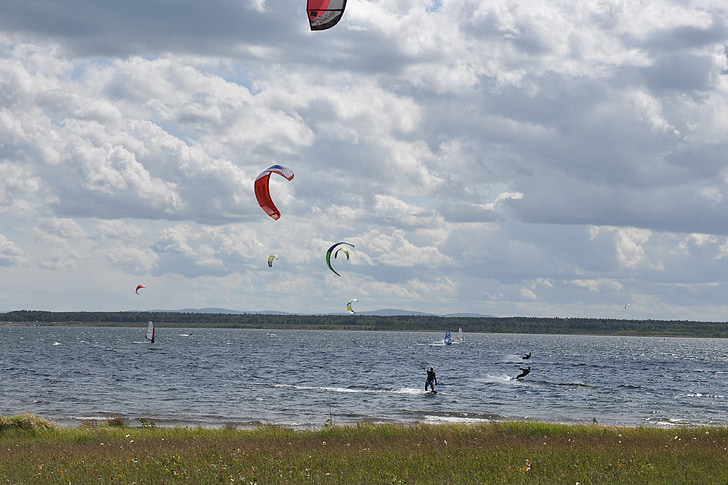 kitesurfing, vatten, sjön, kitesurfare, idrott, i den, vind