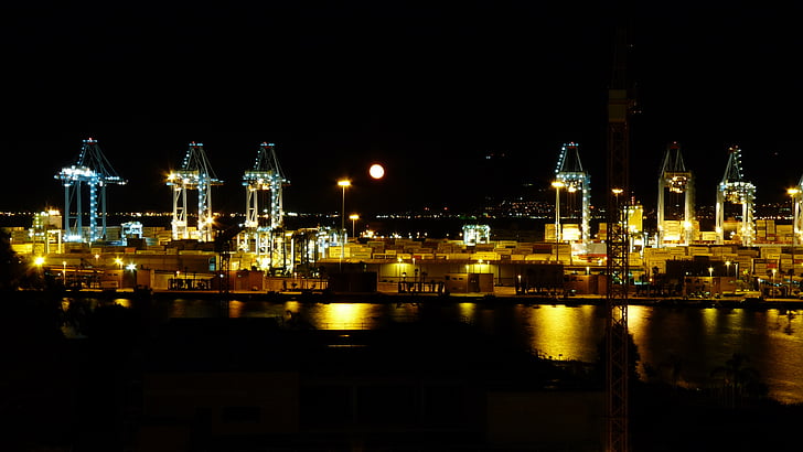 Algeciras, Gibraltar, Kansallispäivä, ilotulitus, yö, Port, Sea