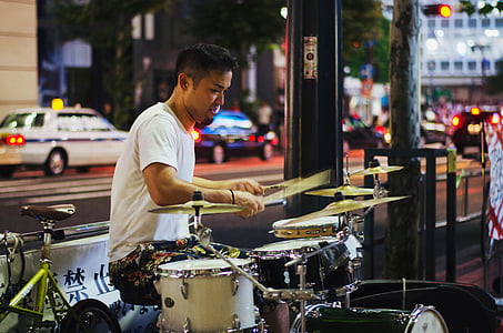 man, playing, drum, beside, street, set, musical