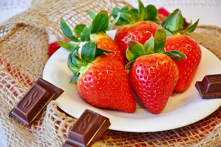 aardbeien, chocolade, fruit, sluiten, vruchten, rood, Sweet