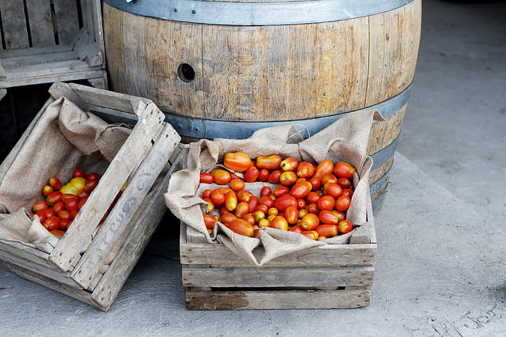 barril, caixas, comida, frutas, saco, tomate, frescura