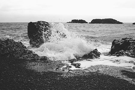 gråtoneskala, Foto, Shore, bølger, Beach, Ocean, sand