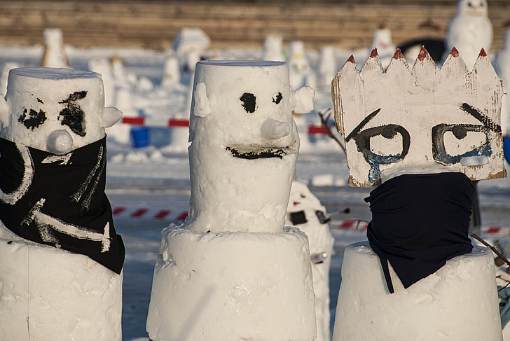 snowmen, three, winter, snow, glasses, ice, predator