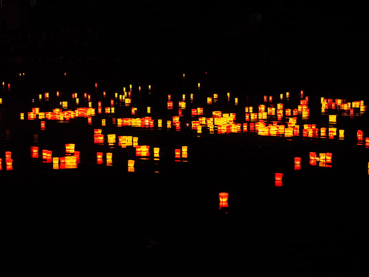 candles, lights serenade, river, festival of lights, floating candles, red, yellow