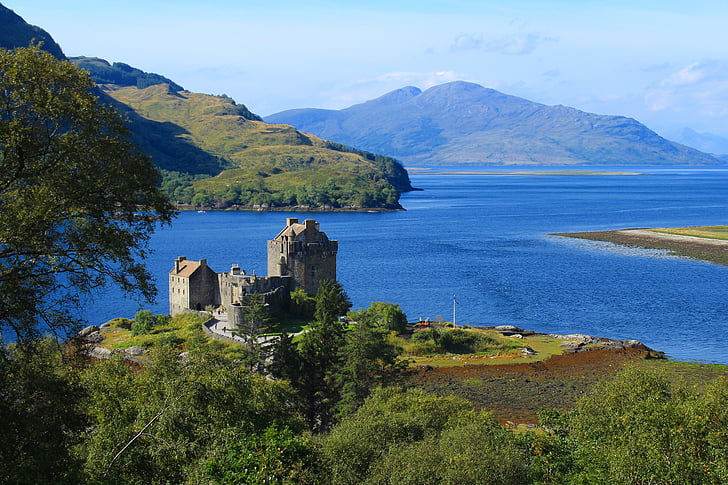 scotland, highlands and islands, castle, sea, mountains, landscape