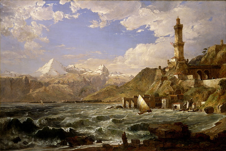 Jasper cropsey, bjerge, havet, Ocean, vand, skibe, Castle
