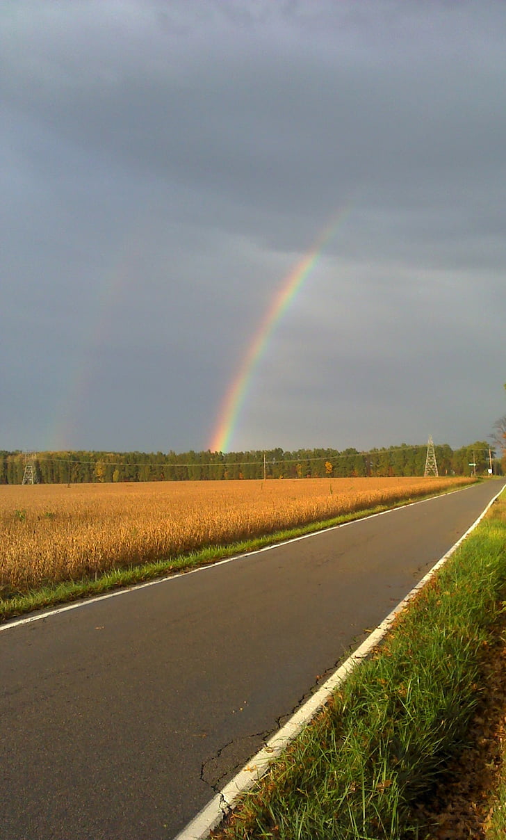 rainbow, intersect, perspective, rural, sky, path, cloud