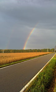 arco-íris, se cruzam, perspectiva, rural, céu, caminho, nuvem