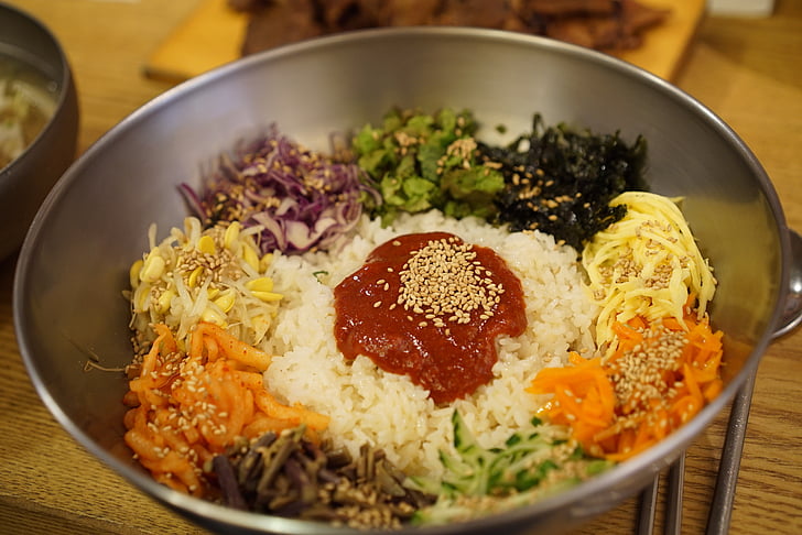 Bibimbap, Koreański, Gochujang, korea Południowa, jedzenie, Jadalnia, Korean food
