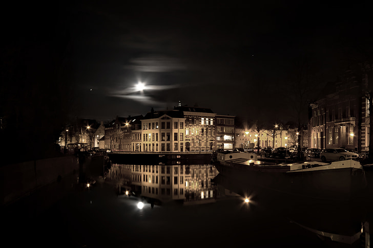 building, night, reflection, downtown, cityscape, water, moon