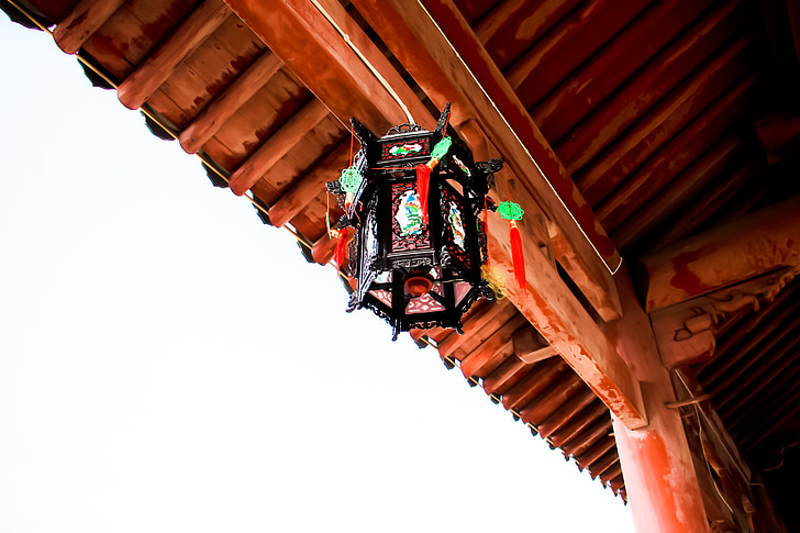 лампа, покрит мост, червен, дървен материал, небе