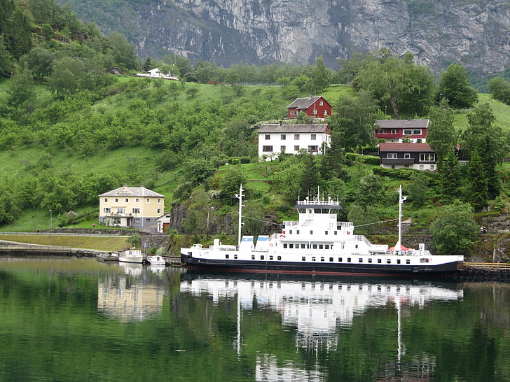 kuģis, Norvēģija, dokota, krasta, krasts, Fjords, pārdomas