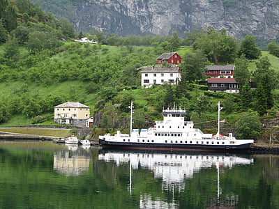 корабль, Норвегия, Стыковка, береговой линии, побережье, фьорд, отражение