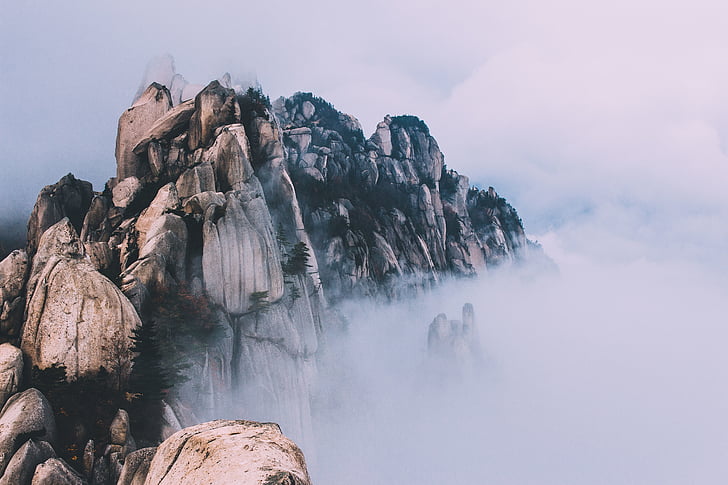 photo, smoky, mountain, cloud, rock, mist, winter