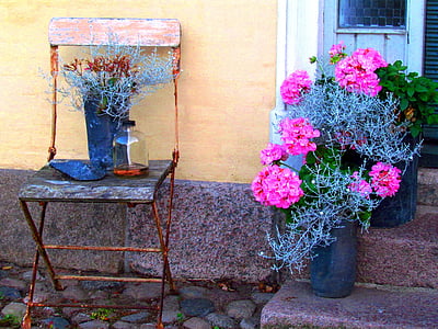 old chair, flowers, silent, rest, beautiful, idyll, relax