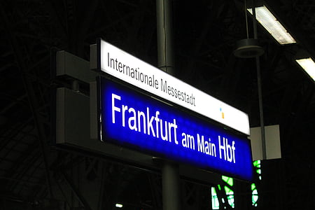 Frankfurt, utama, Stasiun Kereta, adil, kota perdagangan yang adil, internasional, biru