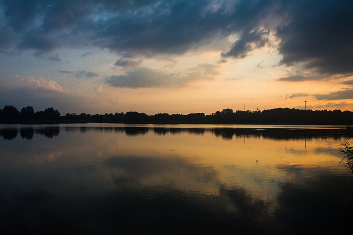 Lago, tramonto, Masuria, paesaggio, natura, ovest, Polonia