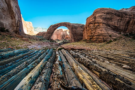 rock formation, rainbow bridge, arch, lake powell, sandstone, logs, arizona