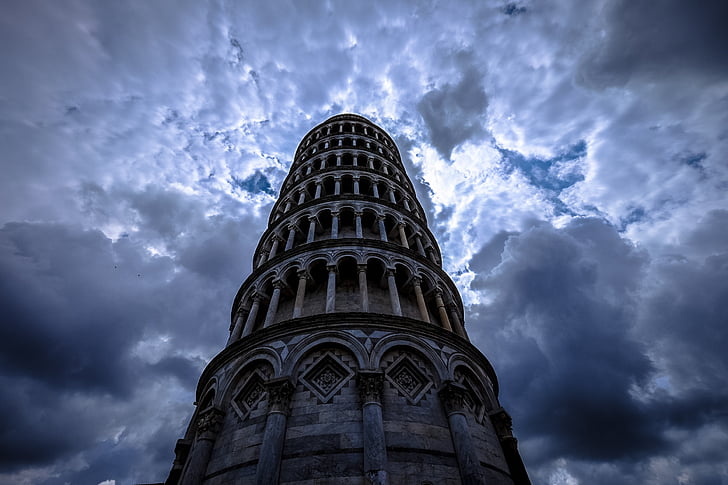 arches, architecture, building, clouds, columns, leaning tower of pisa, low angle shot