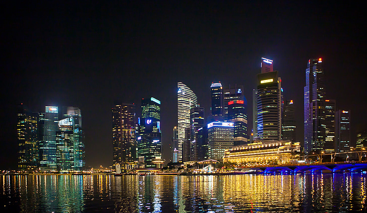 Singapour, commerciale, vue de nuit, mer, ville, bâtiment