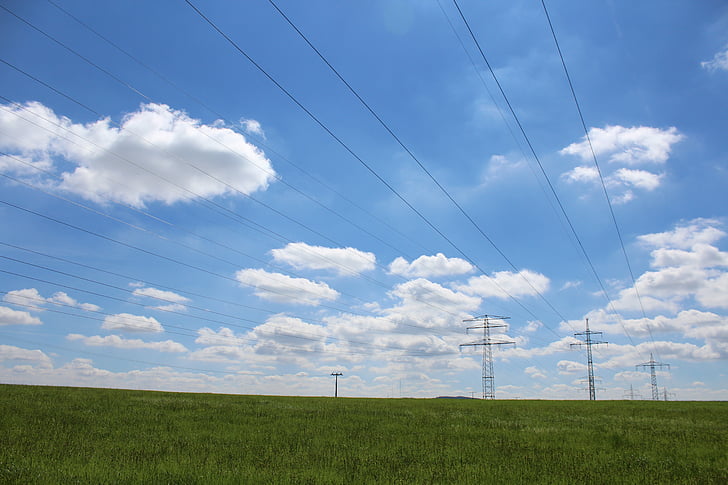 power poles, nature, energy, meadow, sky, technology, environment