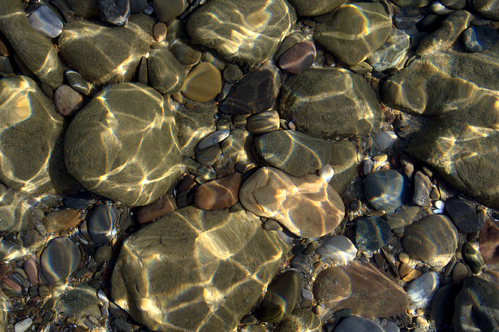 Costa, piedras, bajo el agua, refracciones, lichtspiel, agua
