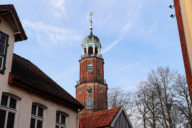 church, empty, east frisia, steeple, church clock, historically, old