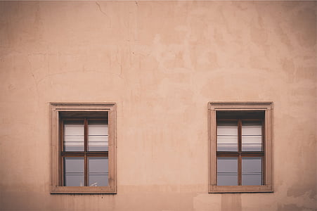 deux, fermé, brun, en bois, Windows, mur, fenêtre de